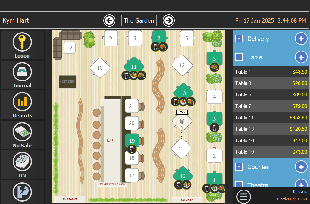 PowerEPOS screenshot: Floor plans are easy to set up but if you don't need a floor plan, your branding can be added to this screen instead. Table statuses help staff quickly track the state each table is at. They can also communicate stages such as table cleaning or VIP guest.