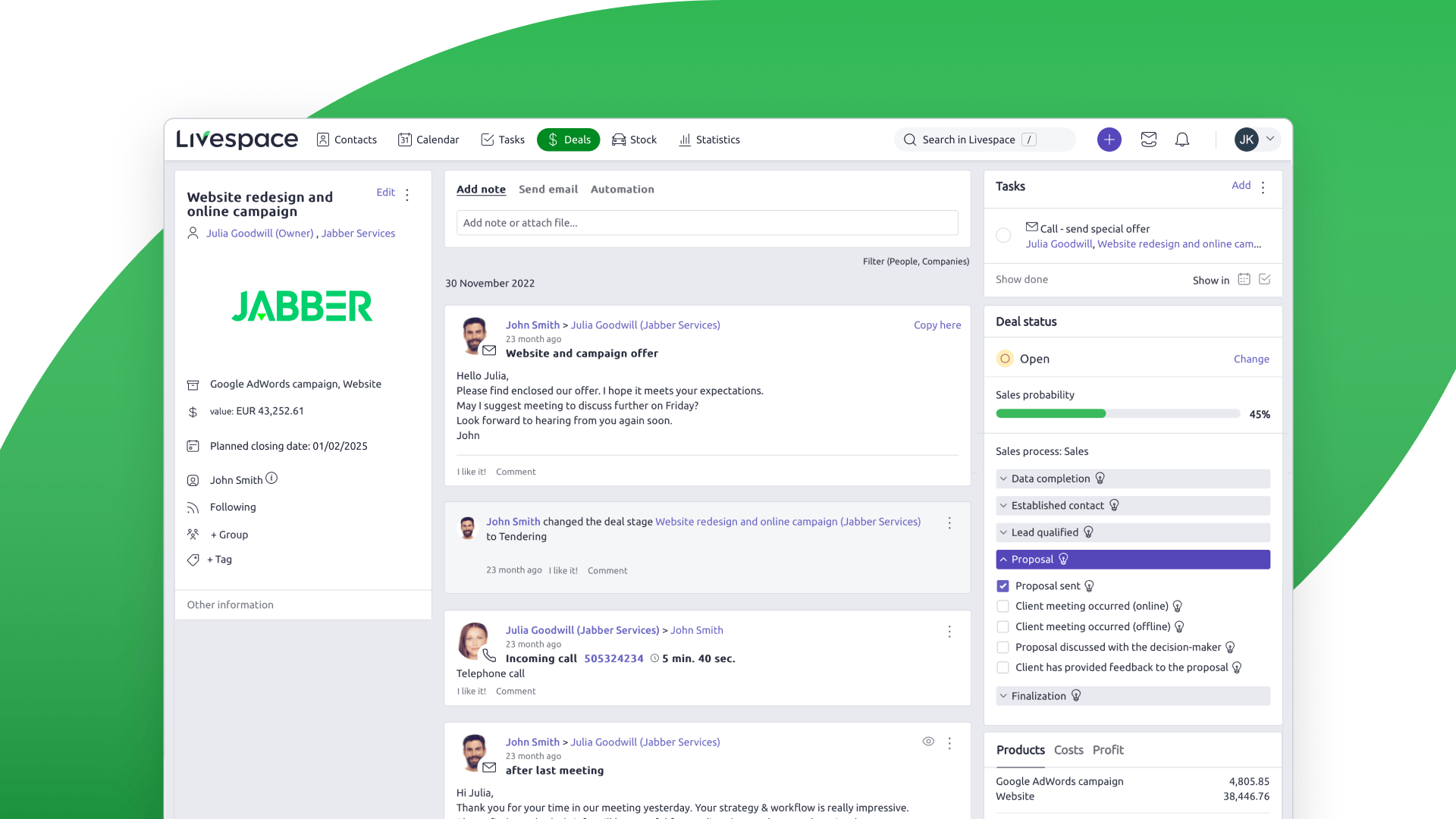 Livespace screenshot: Deal's profile