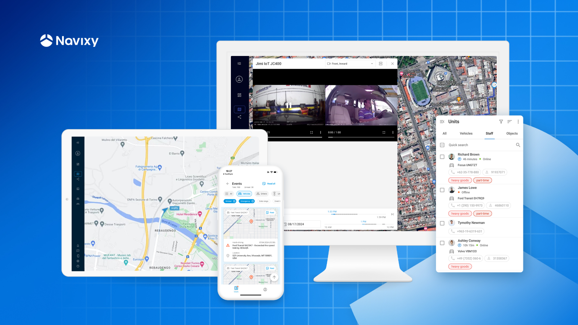 Navixy screenshot: Access Navixy via desktop computer and mobile devices.
