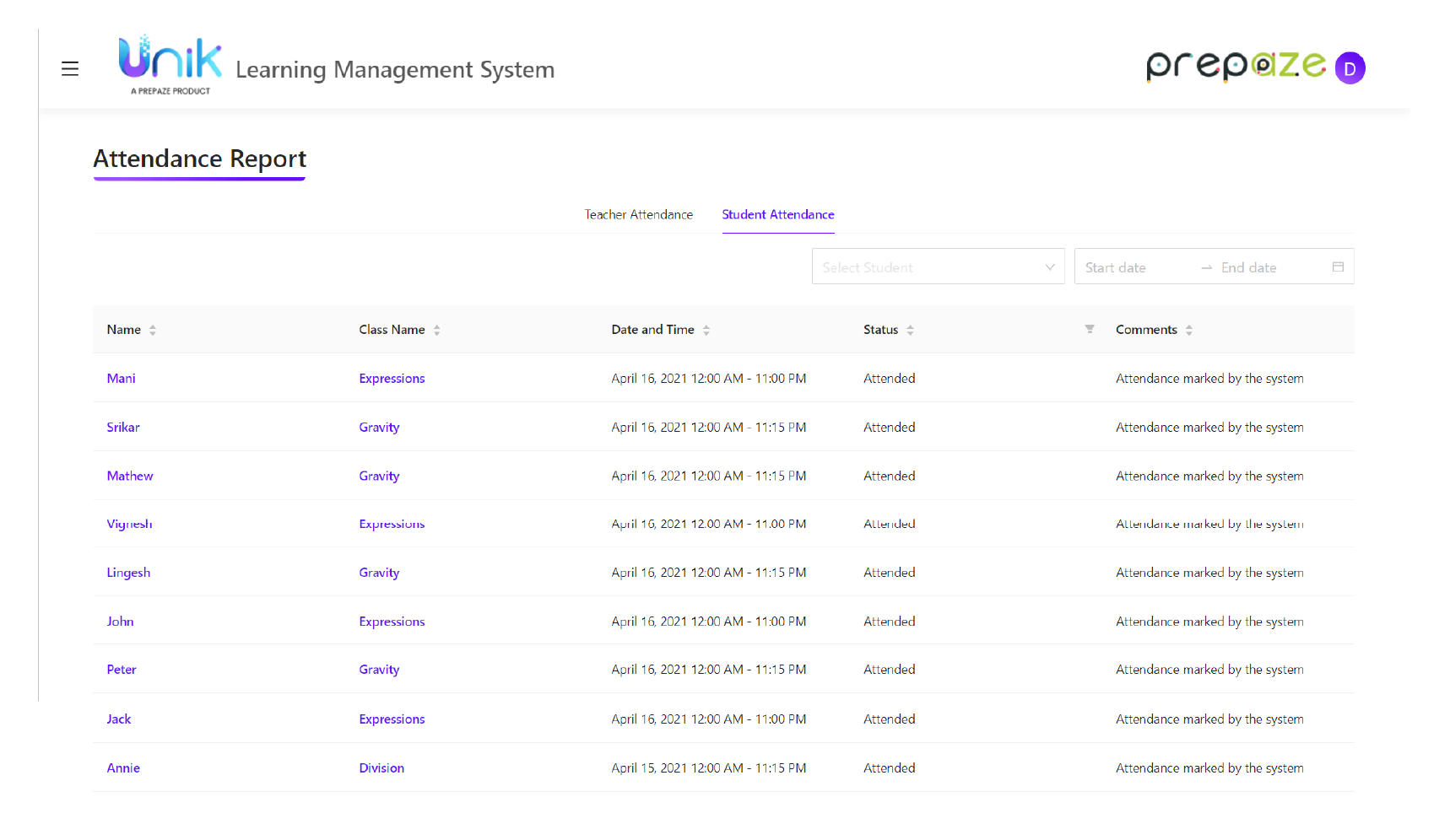 Unik LMS Software - Attendance