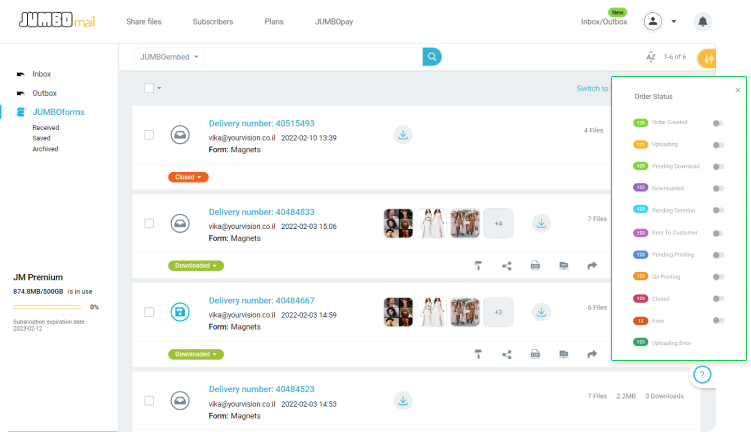 JUMBOmail screenshot: JUMBOmail Control Panel