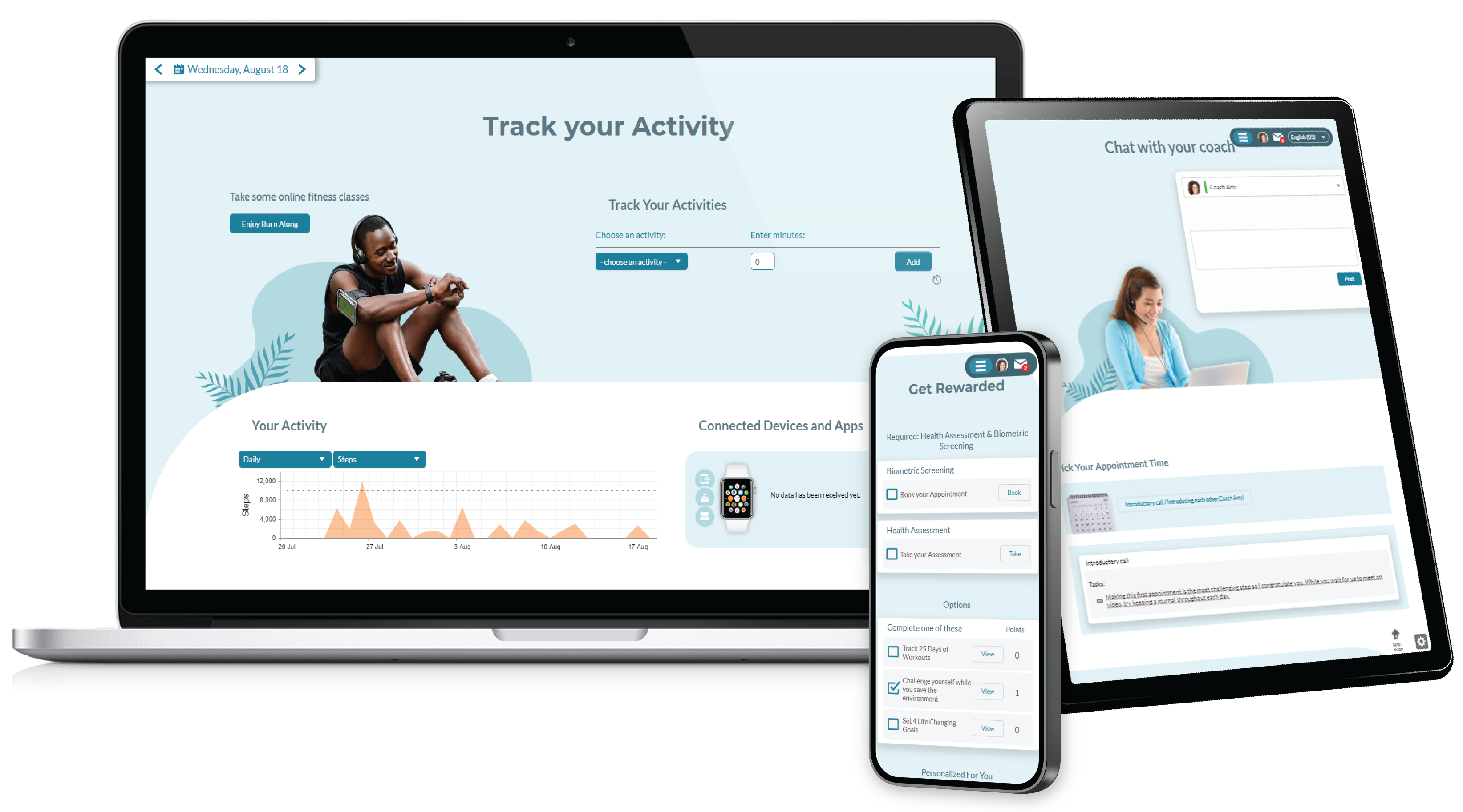 Activity tracking, virtual self-directed or coach-directed programs, wellness program management and micro-learning programs