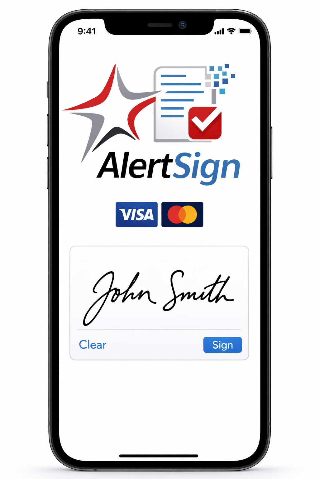 Alert screenshot: AlertSign mobile eSignature screen showing secure digital contract signing with payment card support, allowing customers to sign rental agreements quickly and securely from any device.