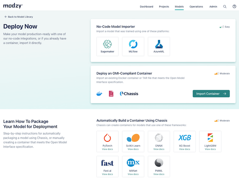 Modzy screenshot: Modzy has pre-built integrations for many popular machine learning model training tools, making it possible to deploy models into production in a matter of minutes.