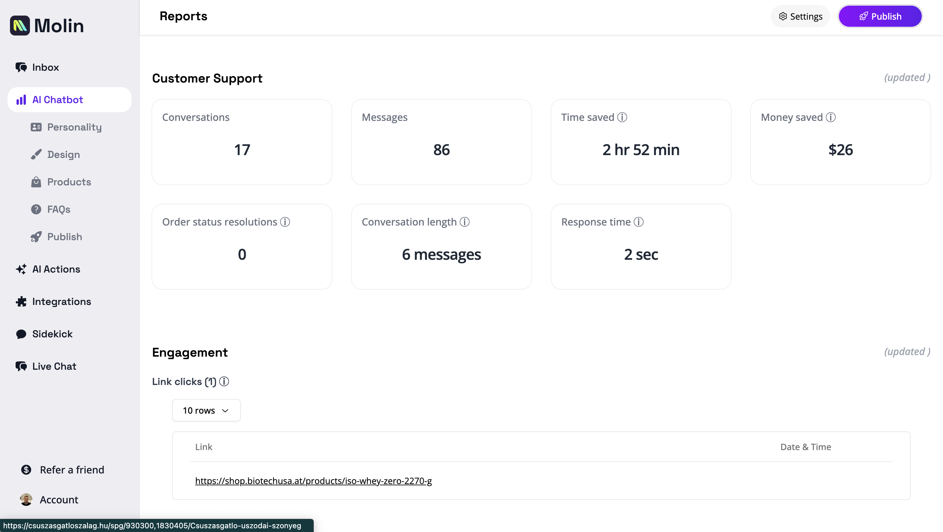 Molin Software - Reports: Track your analytics, customer support data, engagement, and sales.