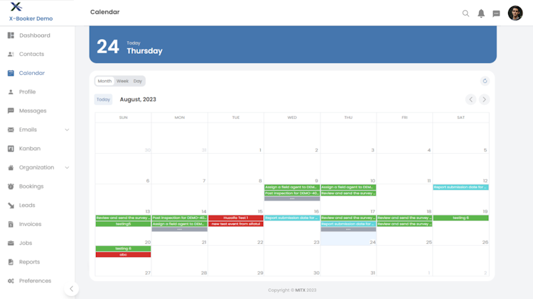 X-Booker screenshot: Calendar Management: Organizations can create bookings automatically, assign tasks in particular, create events and scheduling tasks, can manage an Admin Department, Sales Team, Booking Team, Field Agents, and Finance Department in one calendar.