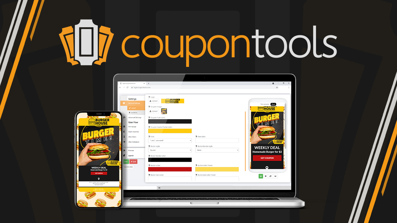 The versatile Coupontools mobile marketing software. Preview of the coupon builder and an example campaign on a mobile phone.