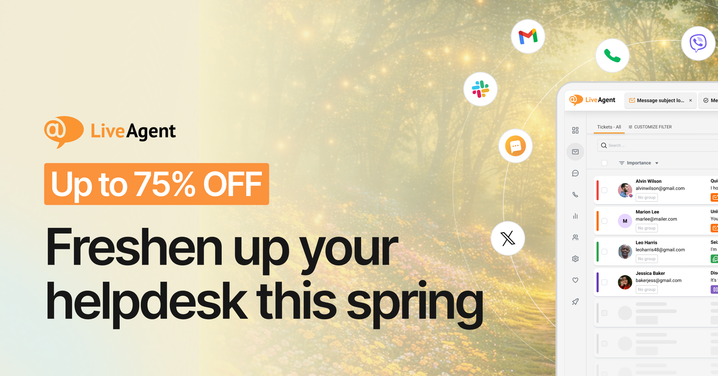 LiveAgent screenshot: Spring Special: Up to 75% off! Valid through April 19, 2026.