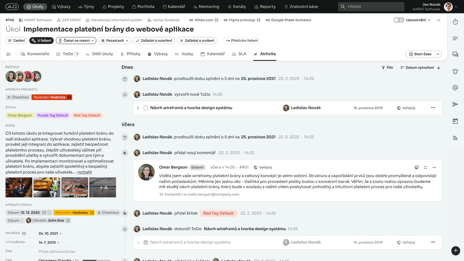 ALITEO screenshot: A clear and detailed overview of everything happening within the company, project, team, task, or user. Activities are displayed chronologically as an intuitive timeline that highlights all key changes, allowing you to work with it further if needed.