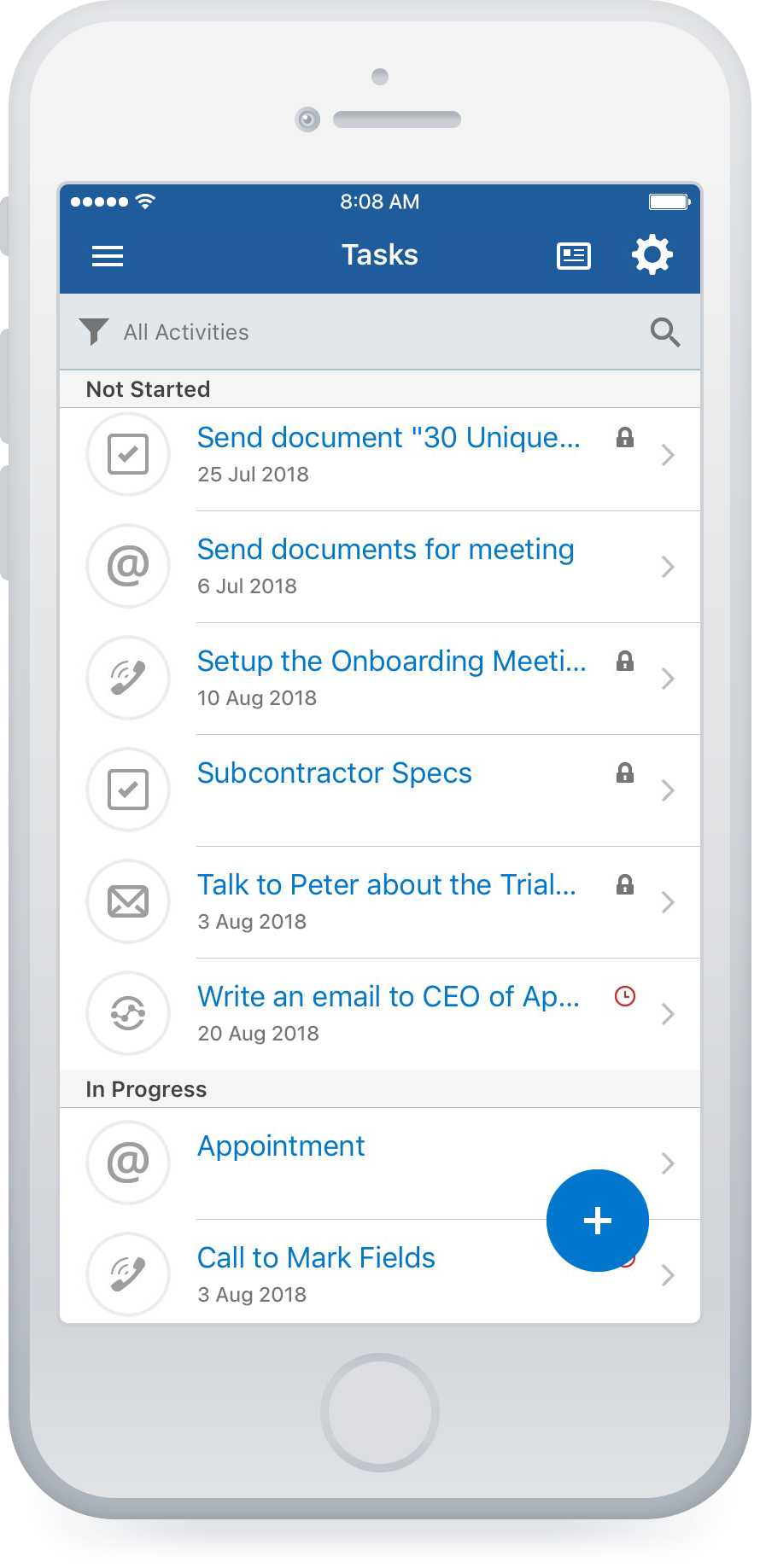 Pipeliner CRM Software - Mobile task list view