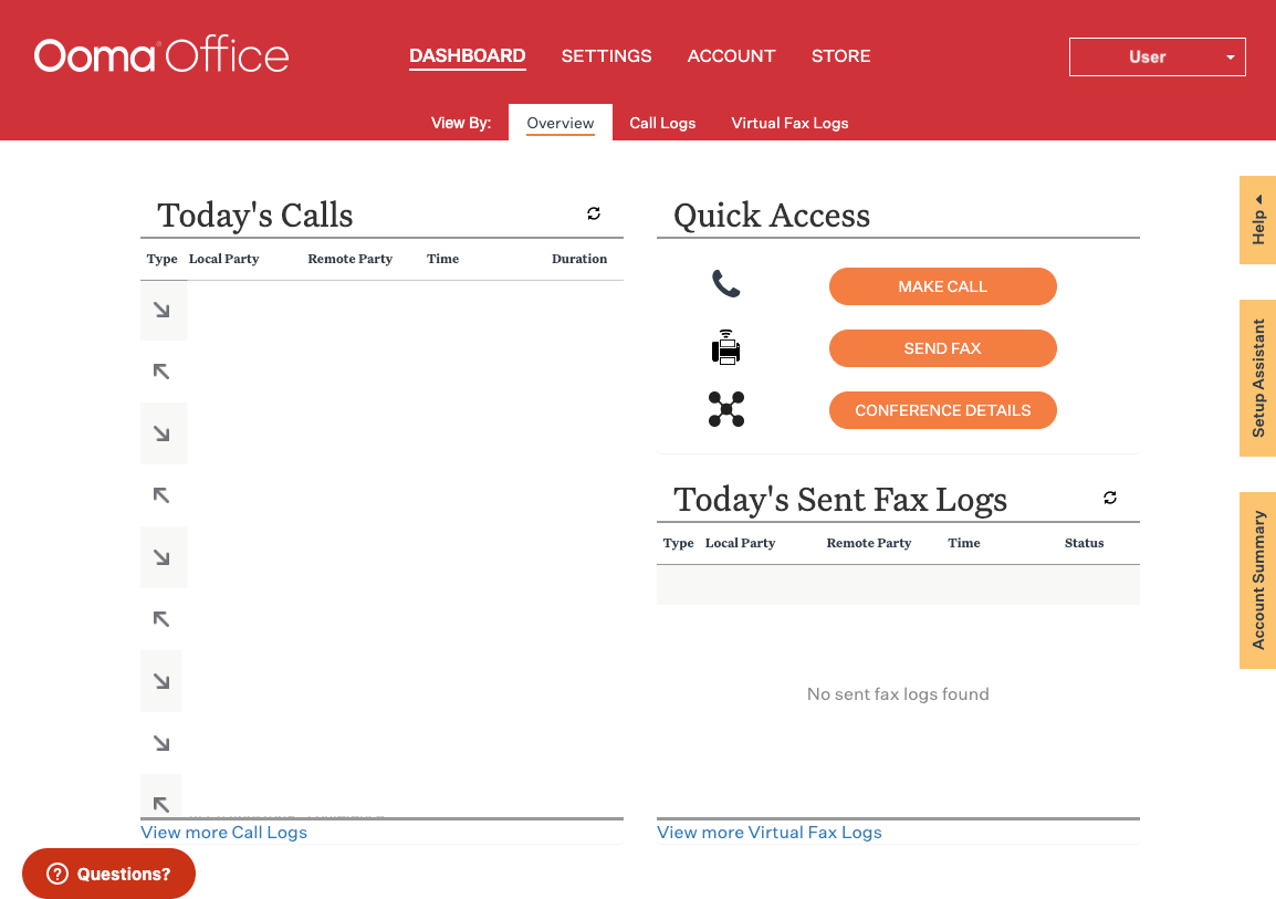 Ooma Office Software - Ooma Office Manager home dashboard displays call logs and gives you quick access to make calls, send faxes and view conference bridge details.