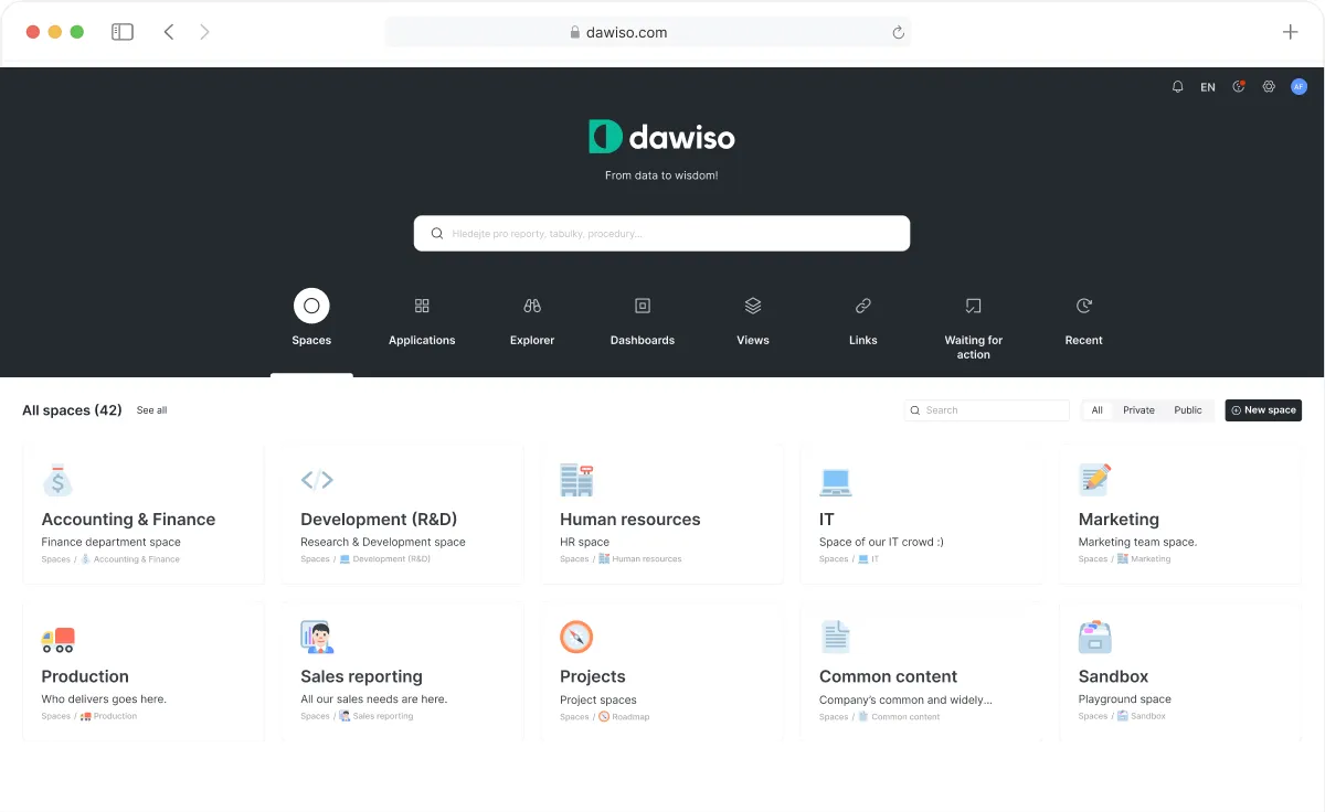 Dawiso screenshot: Homepage dashboard with displayed spaces and search