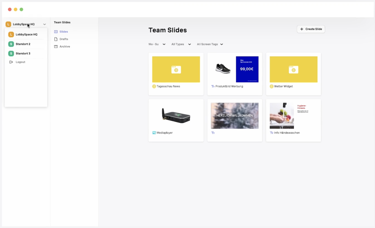 LobbySpace screenshot: LobbySpace Digital Signage Dashboard