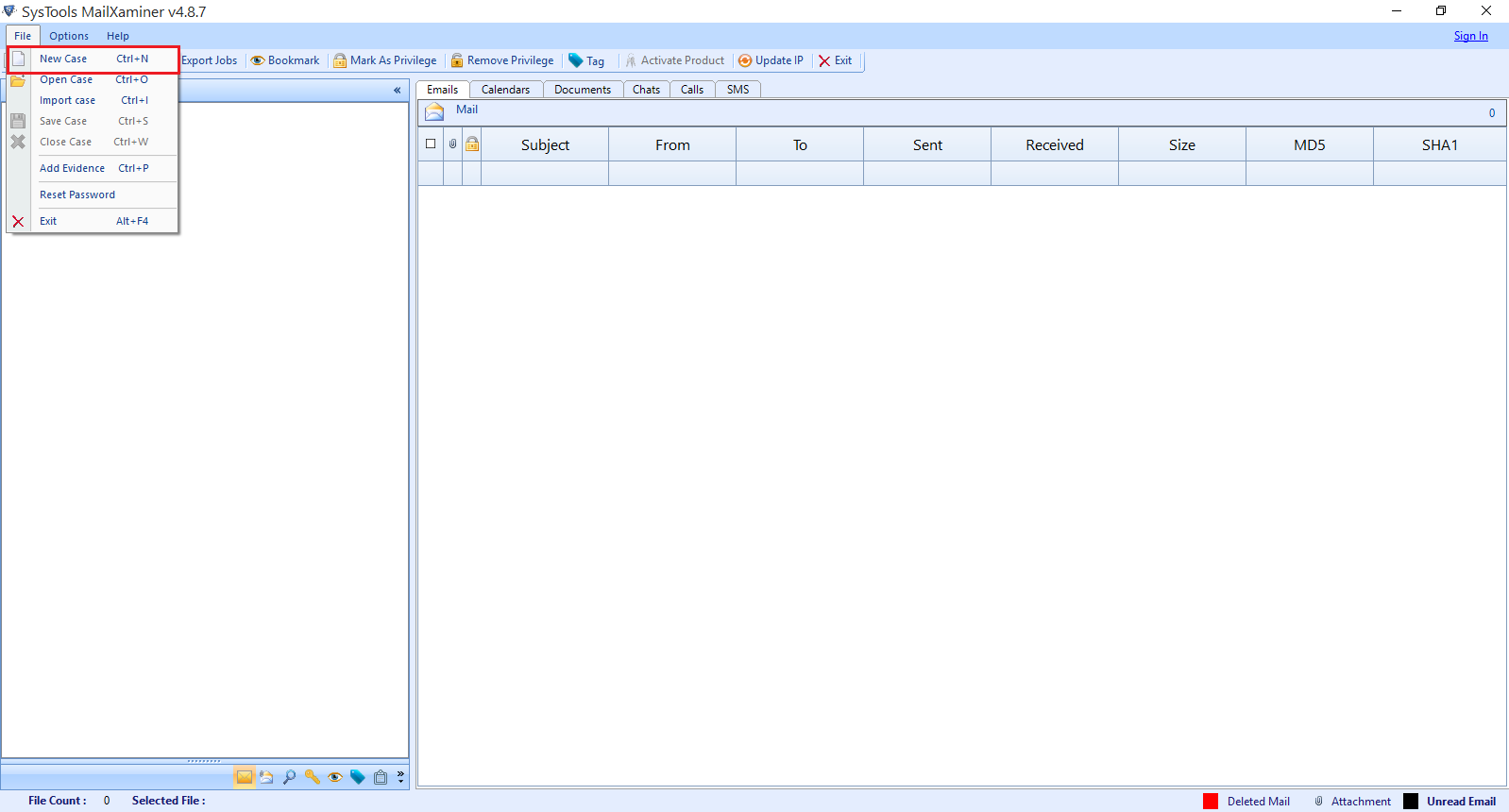 MailXaminer screenshot: Create a new case within MailXaminer
