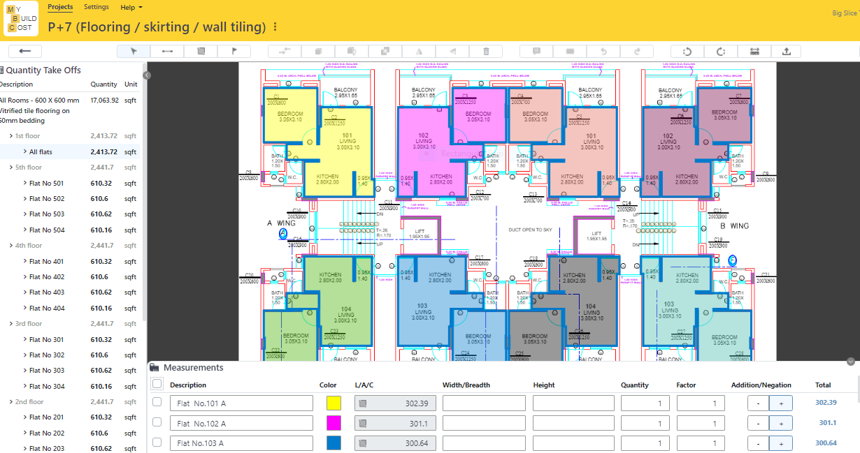 My Build Cost Software - Colour coded quantity tracings with highlighting feature for complete transparency.