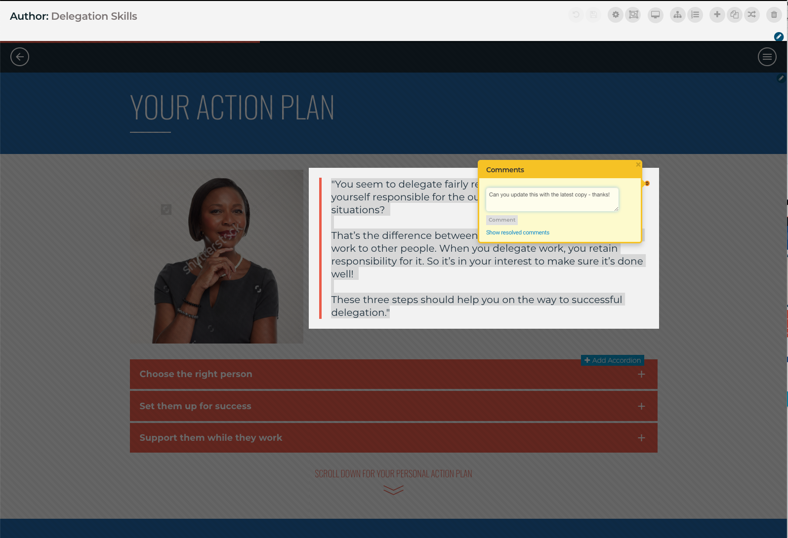 Speed up your production process by collaborating with authors, SMEs and reviewers within the Elucidat platform.