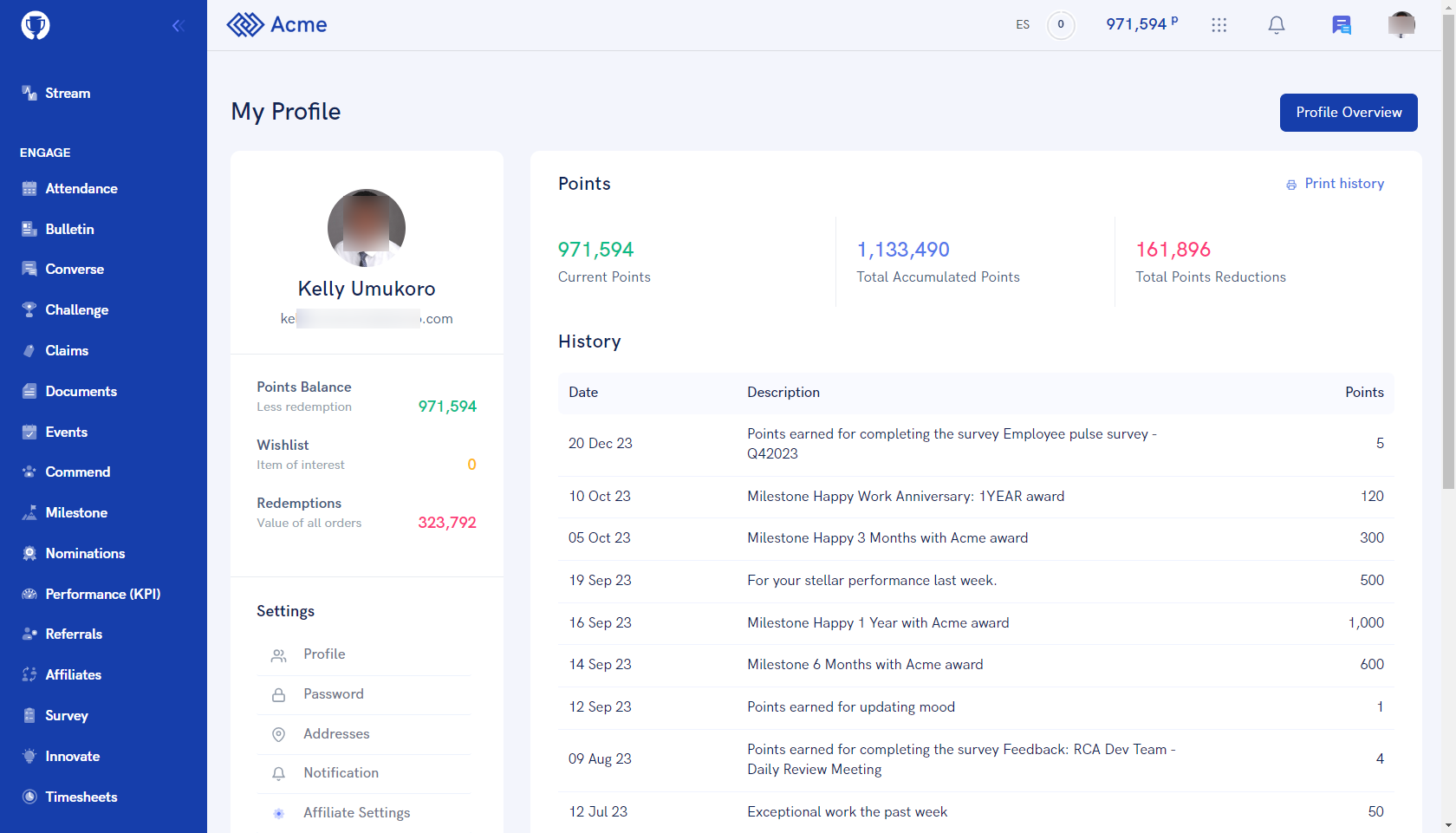 RewardCo screenshot: RewardCo profile