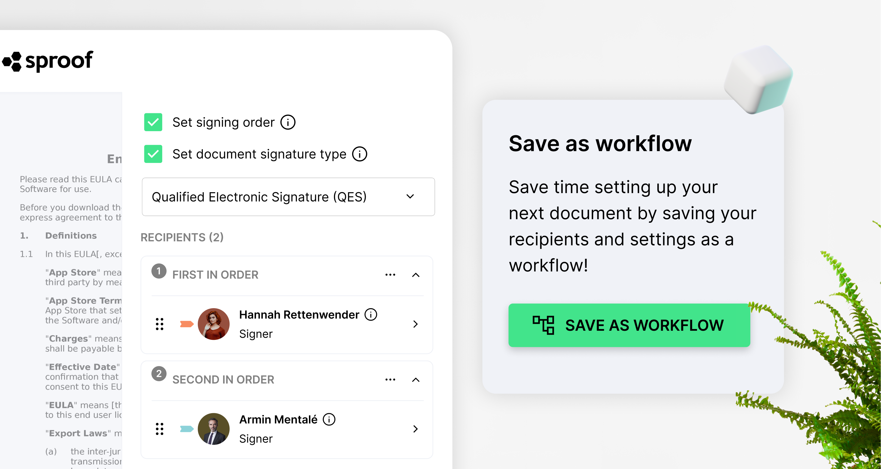 sproof sign screenshot: Use intelligent signature workflows: Add recipients and define roles and signature positions