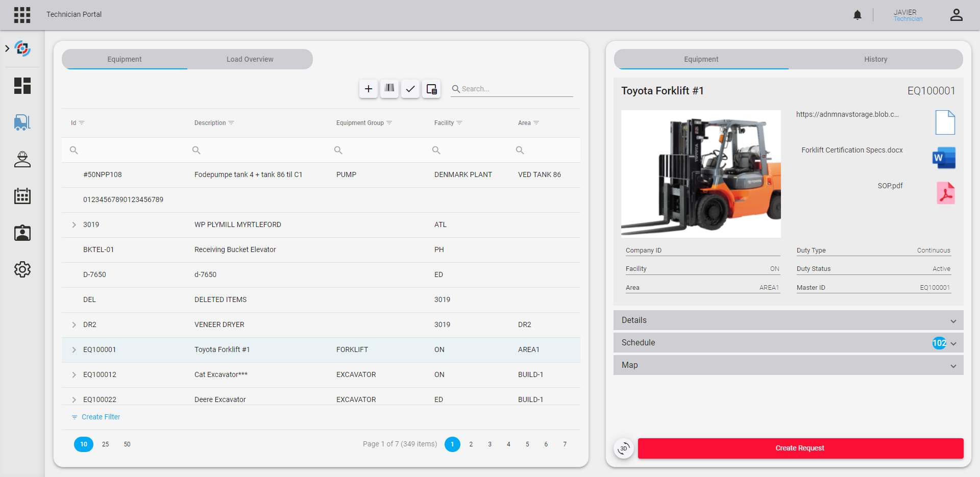Service request creation from equipment list - TAG Mobility Suite (mobile EAM)