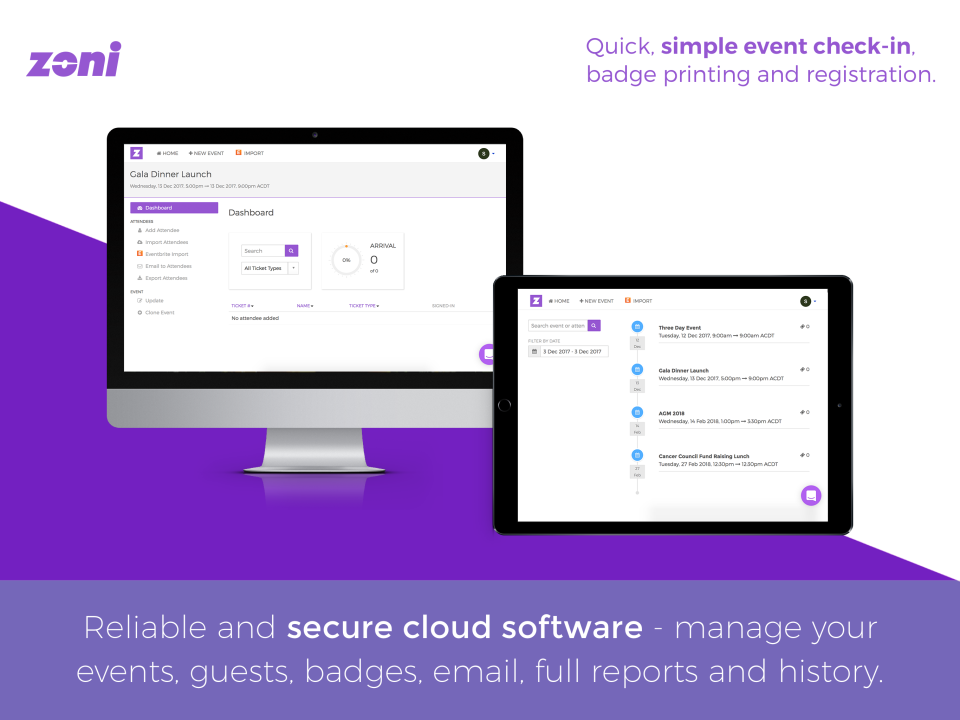 Full featured cloud web dashboard for managing your events and viewing event report data