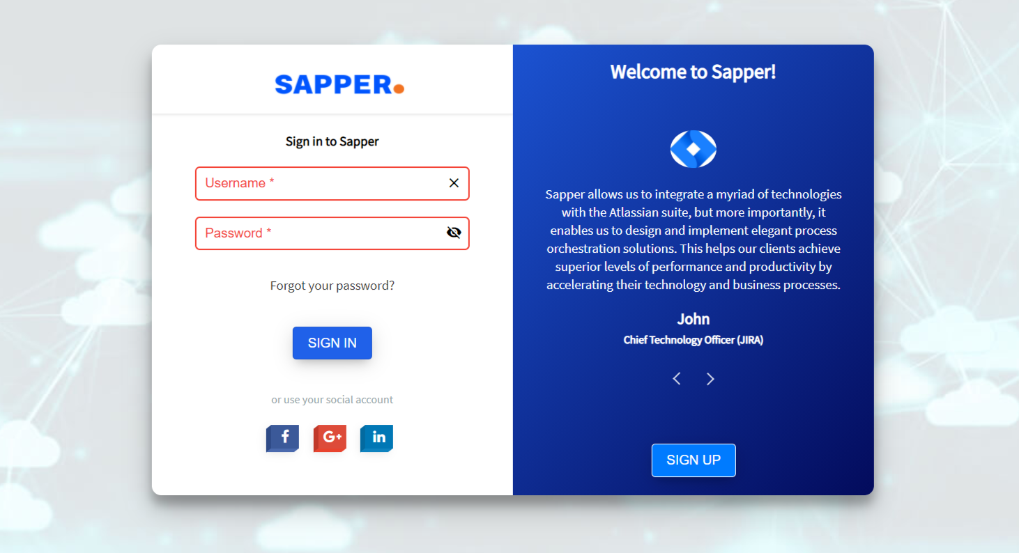 Sapper login page