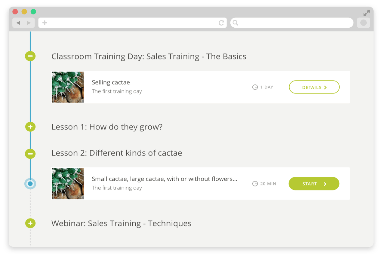 Create learning journeys consisting of different learning activities such as videos, assessments, surveys, assignments or lessons