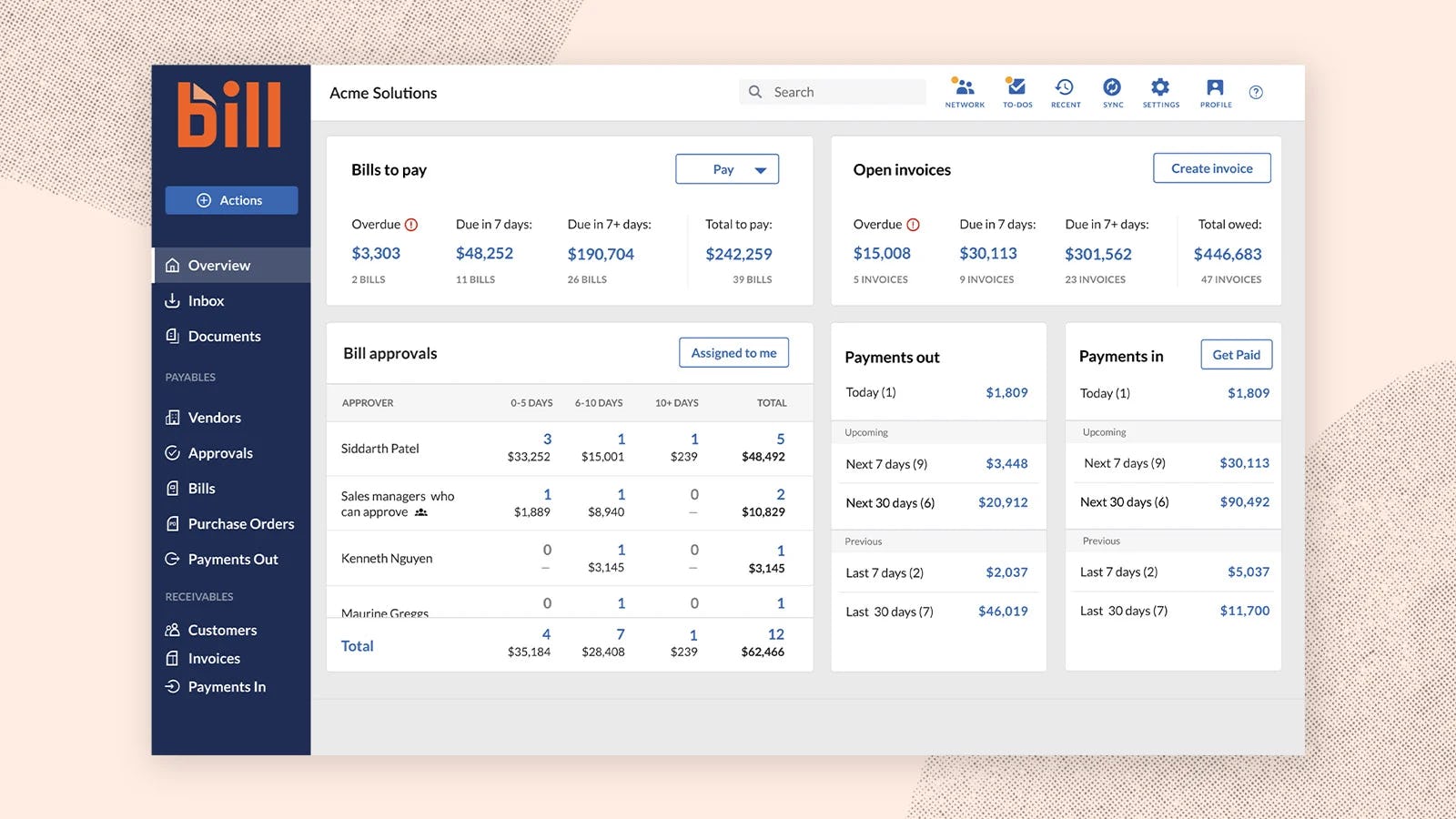 Bill.com Software - BILL’s central dashboard makes it easy to see your upcoming bills, invoices, and ingoing and outgoing payments.