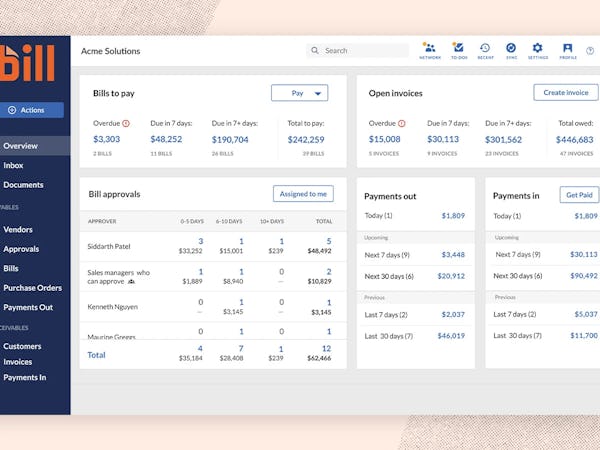 Bill.com Software - BILL’s central dashboard makes it easy to see your upcoming bills, invoices, and ingoing and outgoing payments.