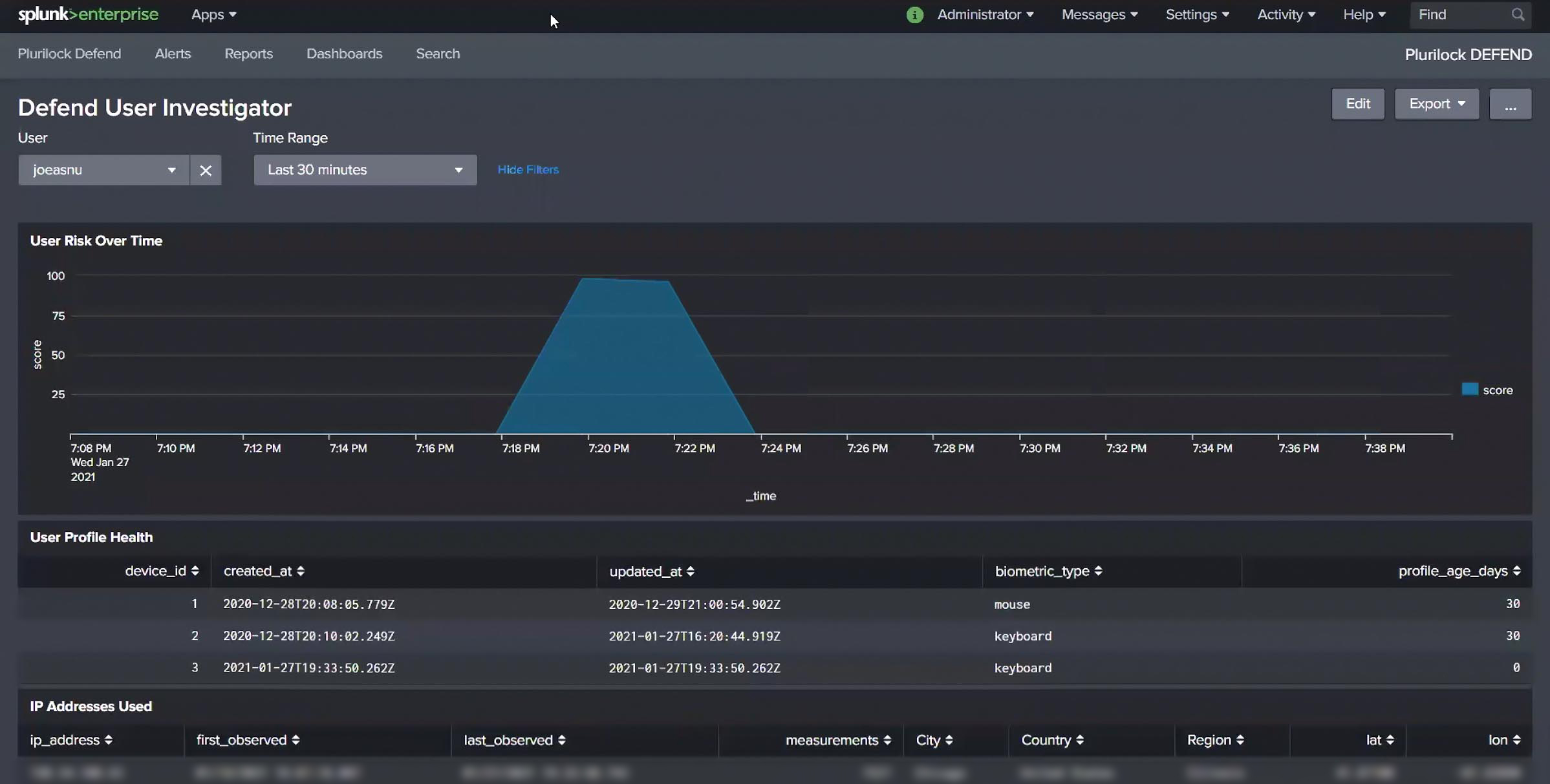 Screenshot of Splunk’s dashboard showing a high-risk event based on DEFEND data.