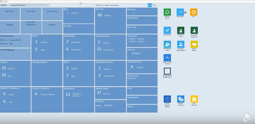 The Power Tools Software - The Power Tools dashboard provides an overview of jobs, RFIs, submittals, change orders, purchase orders, and more