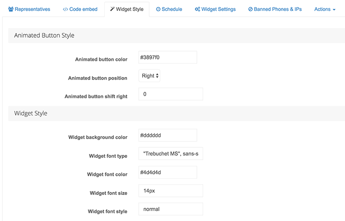 Callback Tracker Software - Click-to-call widget settings can be adjusted through a personalized admin dashboard, including widget styling, colors, scheduling, behavior, caller greetings voice and caller ID