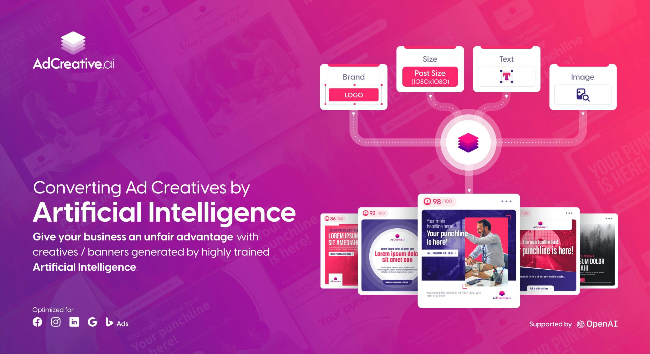 AdCreative.ai Software - The Homepage showing how different creatives are generated by Adcreative.ai