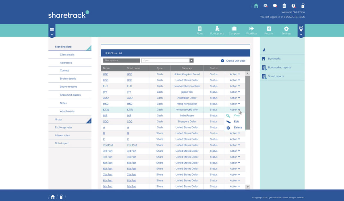Sharetrack Software - Sharetrack unit class list