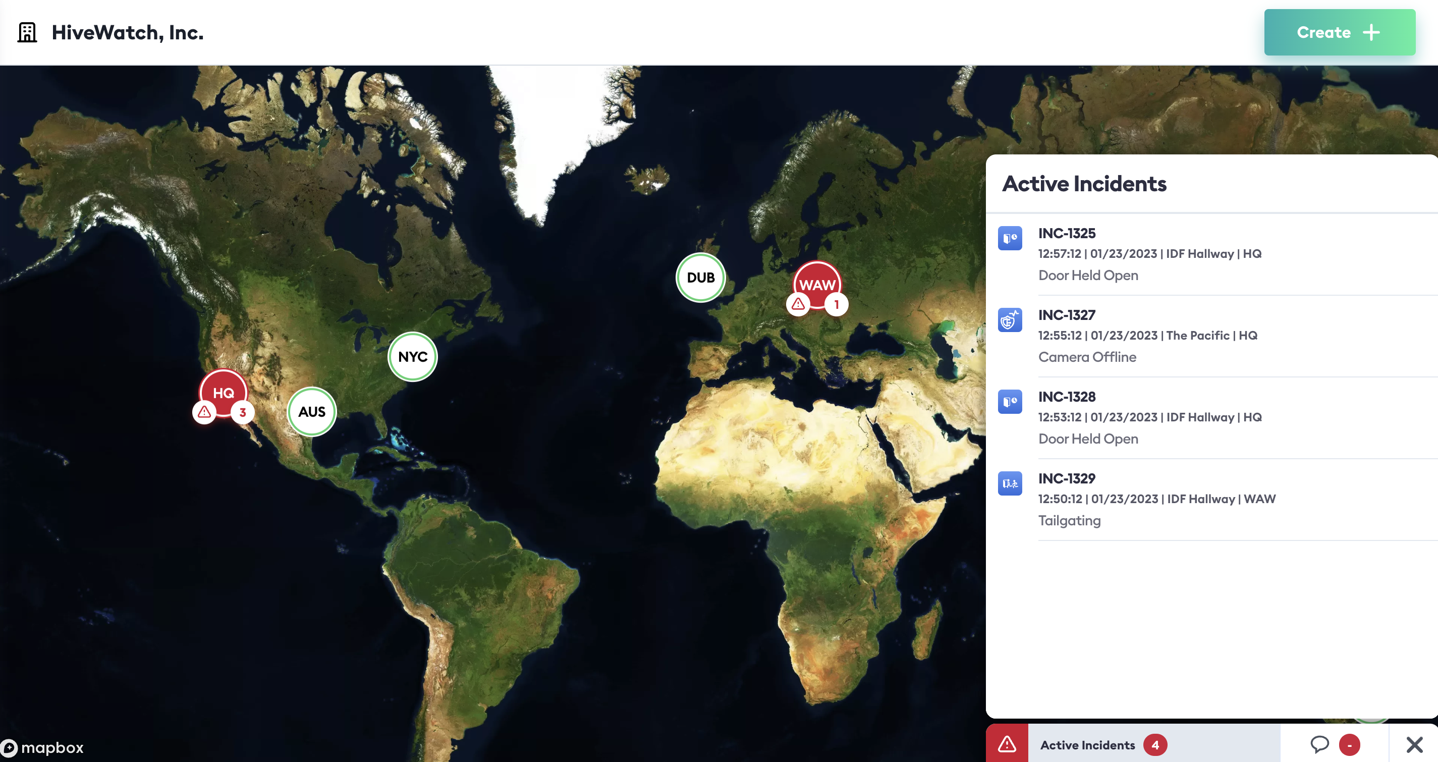 The HiveWatch® GSOC OS provides a global view of device health, incidents, and alerts in a comprehensive map view for better oversight, along with the ability to drill down by location seamlessly.