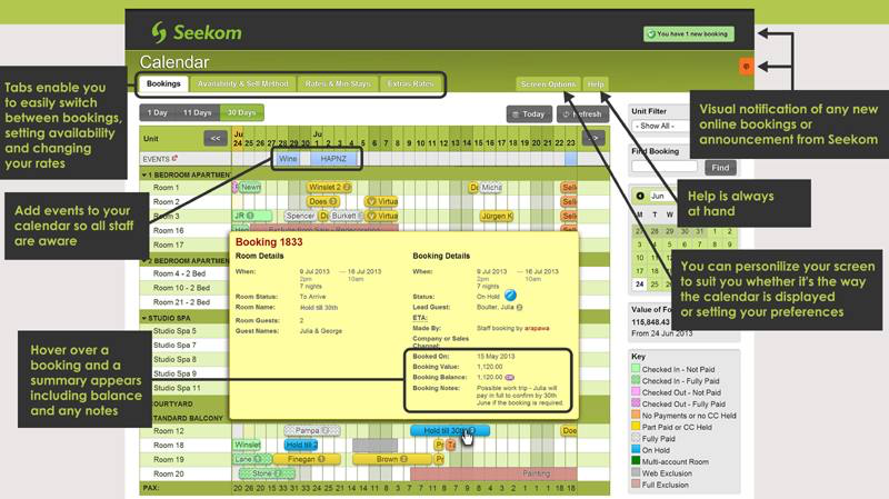 iBex PMS Software - The booking calendar in 30-day view, showing booking summary box on hover including balance, notes, etc
