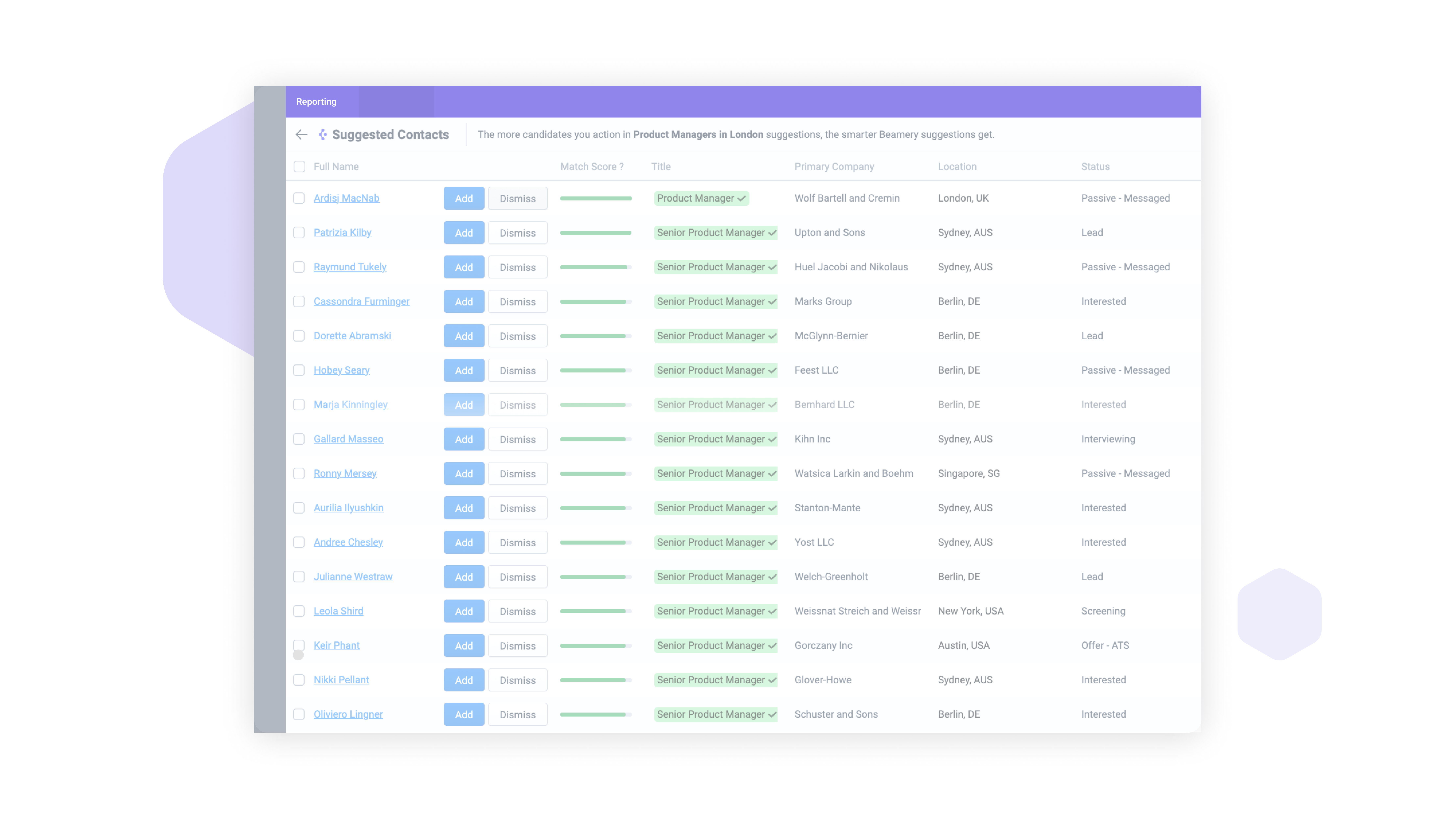 Manage and nurture all your candidate in CRM, scaling your efforts with AI suggested contacts to help you surface more of the great-fit talent you need.