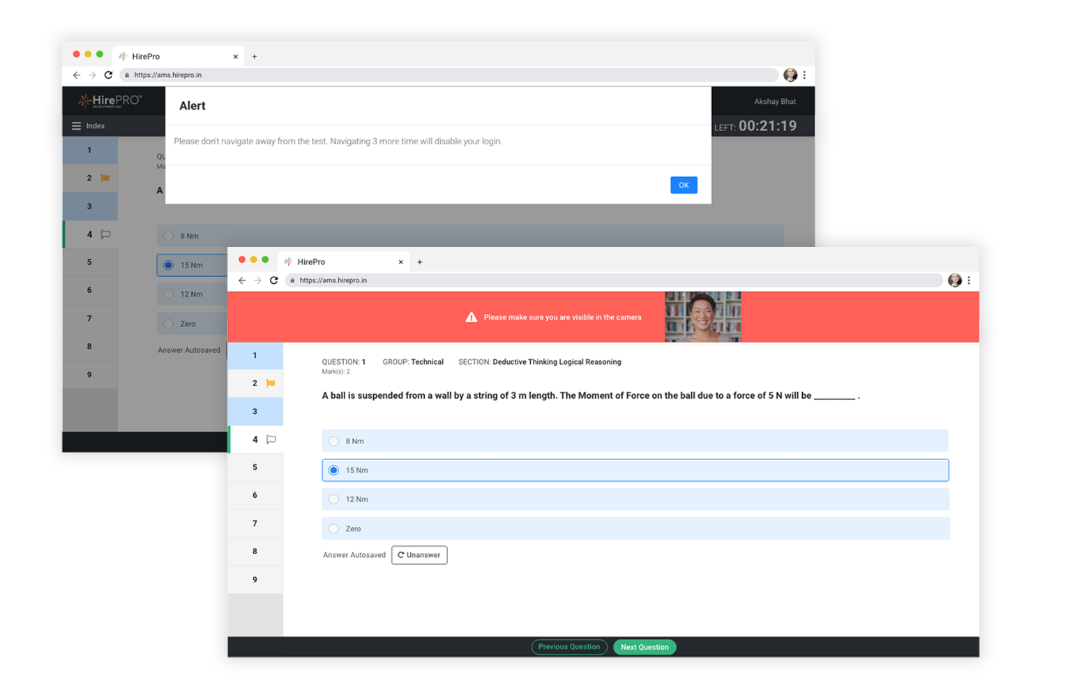 HirePro Proctoring screenshot: Browser Monitering