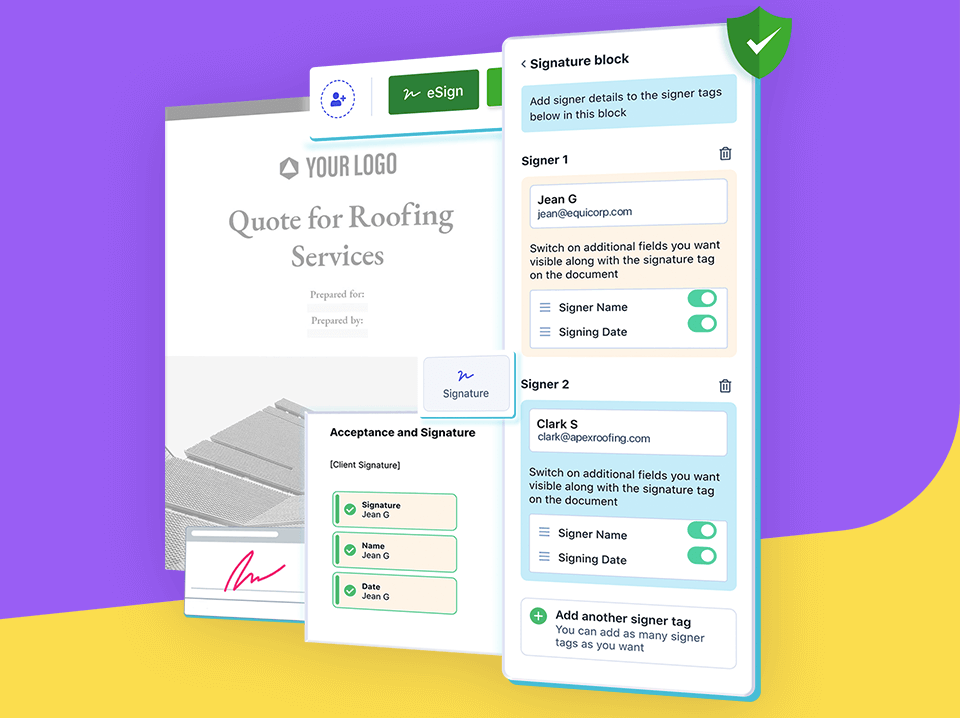 Get documents digitally signed
Add signature blocks and signer details to request eSignatures on your documents. Recipients get notified via email to fill and sign documents from their mobile or desktop.
