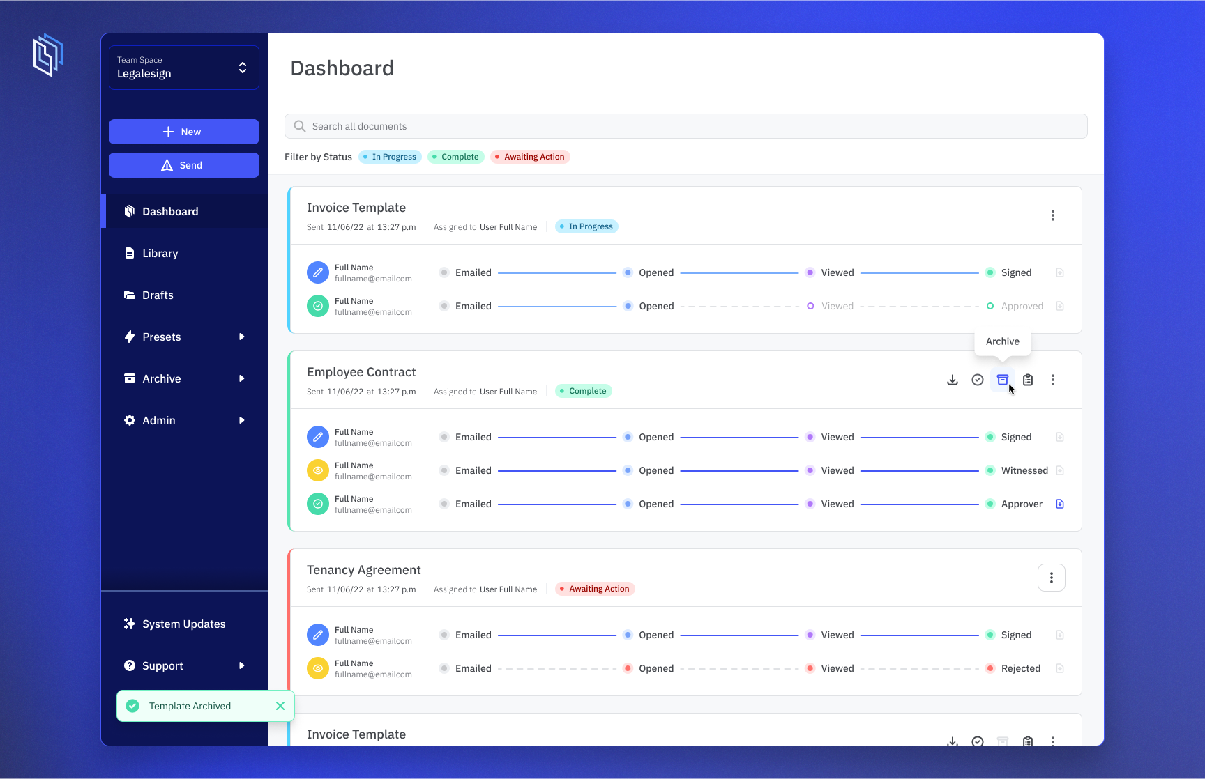 Legalesign screenshot: Dashboard