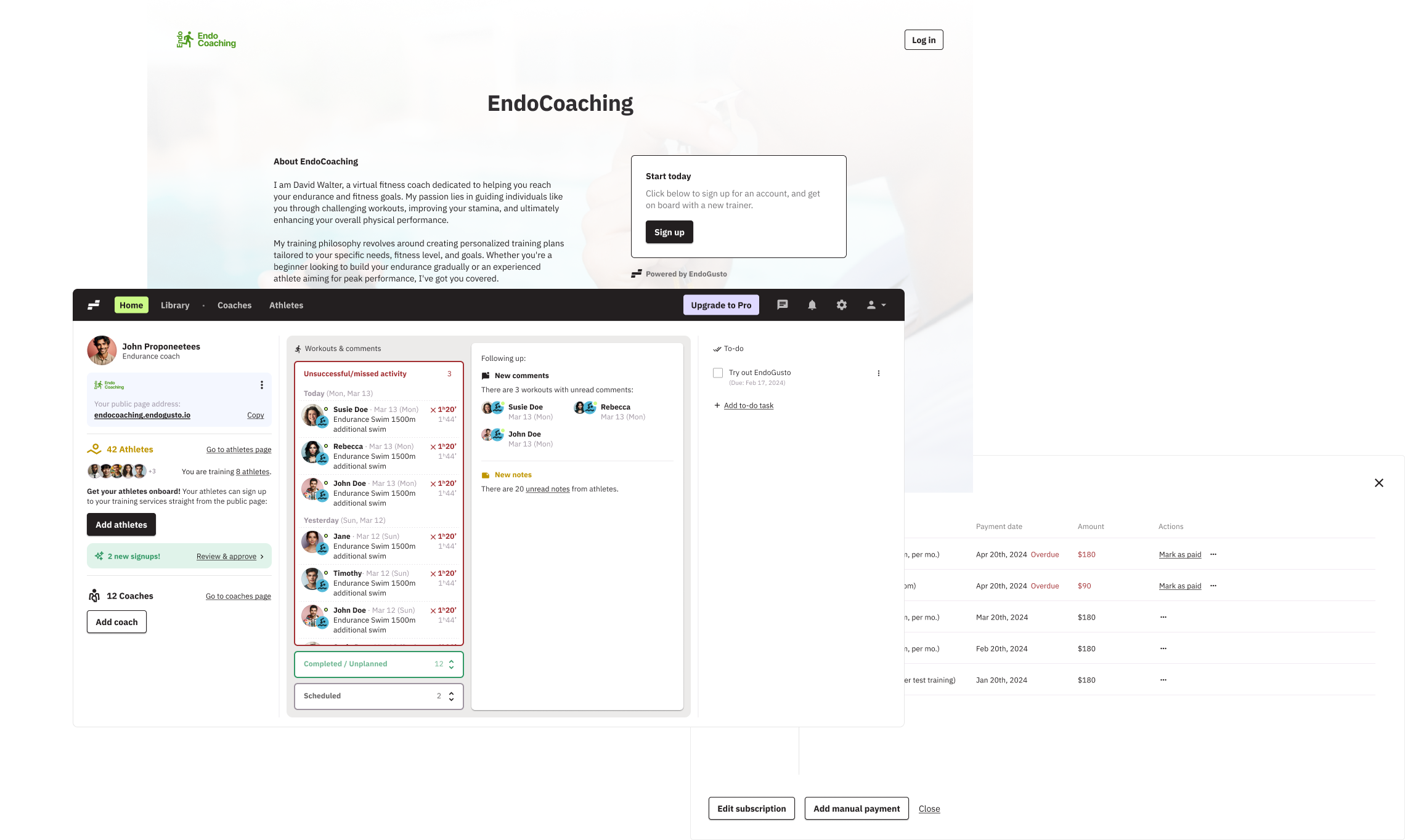 EndoGusto screenshot: Maximize your coaching exposure with a branded subdomain: Your athletes access your services through a custom subdomain so you can personalize how you present your coaching business.