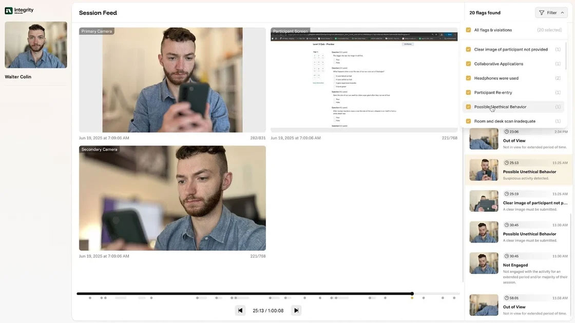 Integrity Advocate screenshot: Example of Integrity Advocate’s video feed dashboard displaying multi-camera views, screen monitoring, and AI-flagged events like headphone use or unethical behavior. Highlights hybrid AI + human review for transparent, fair test security oversight.