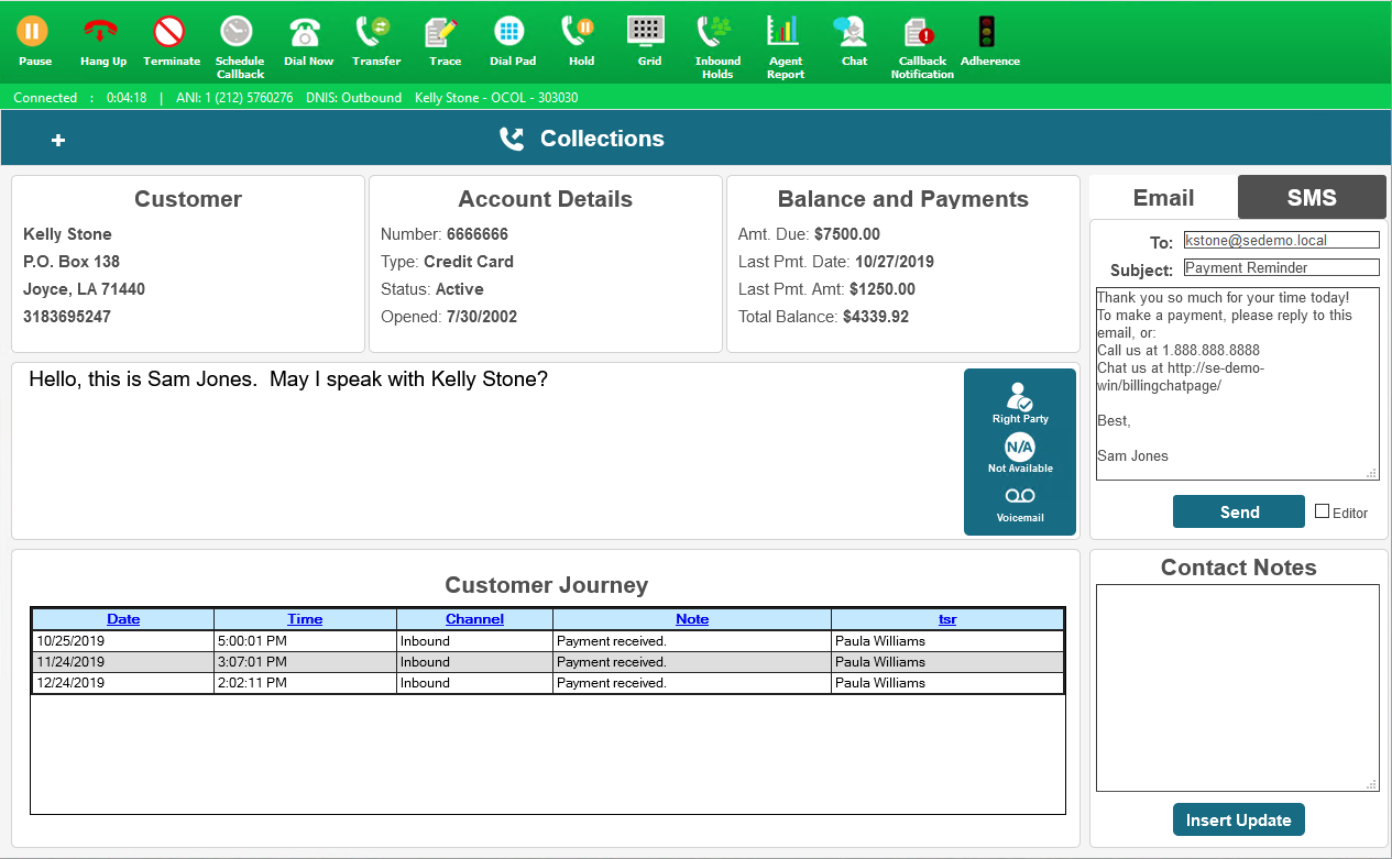 A CX View user is connected to a call.  While the top green bar contains contact controls, the agent presentation and scripting screen itself is presented as-designed by site management using the CX Suite View Designer.
