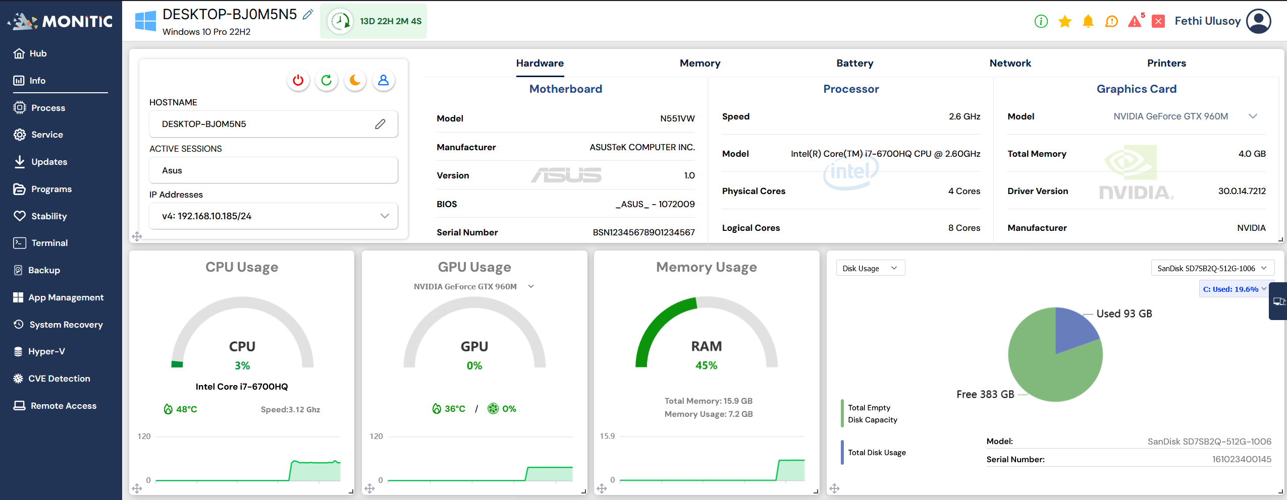 Monitic screenshot: Monitic system status and performance monitoring