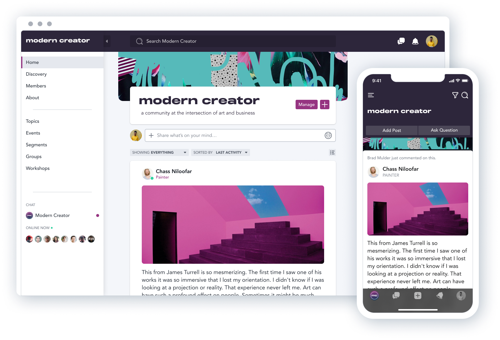 Create a community you own on web and mobile with a familiar and easy to use personalized activity feed for your members. You can add rich content and embeds and it's easy to navigate for members.