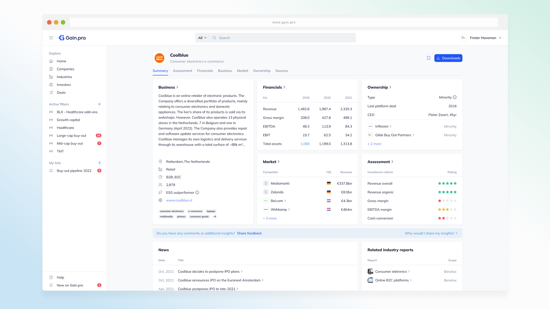 Gain.pro screenshot: Supercharge your research workflow by getting detailed insights on sizeable companies. Get financials sourced directly from registrars and adjusted for use, be able to do benchmark against actual competitors and find historical ownership and M&A details.