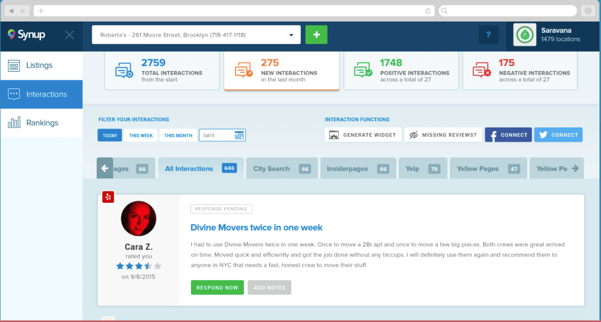 Monitor review and social sites, and receive notifications on new interactions