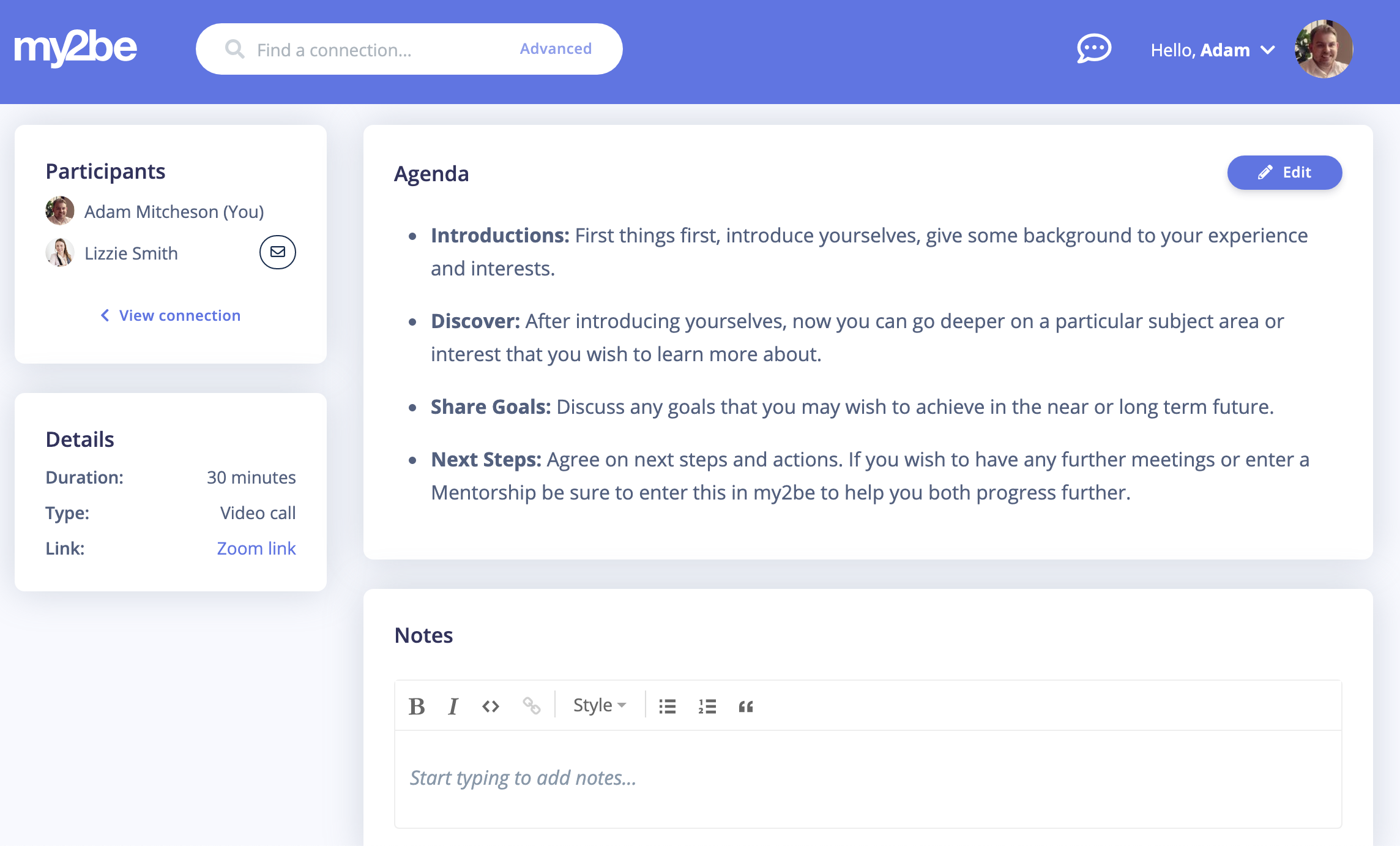 Simply manage meetings with Zoom links, agenda, notes and actions all in one handy place