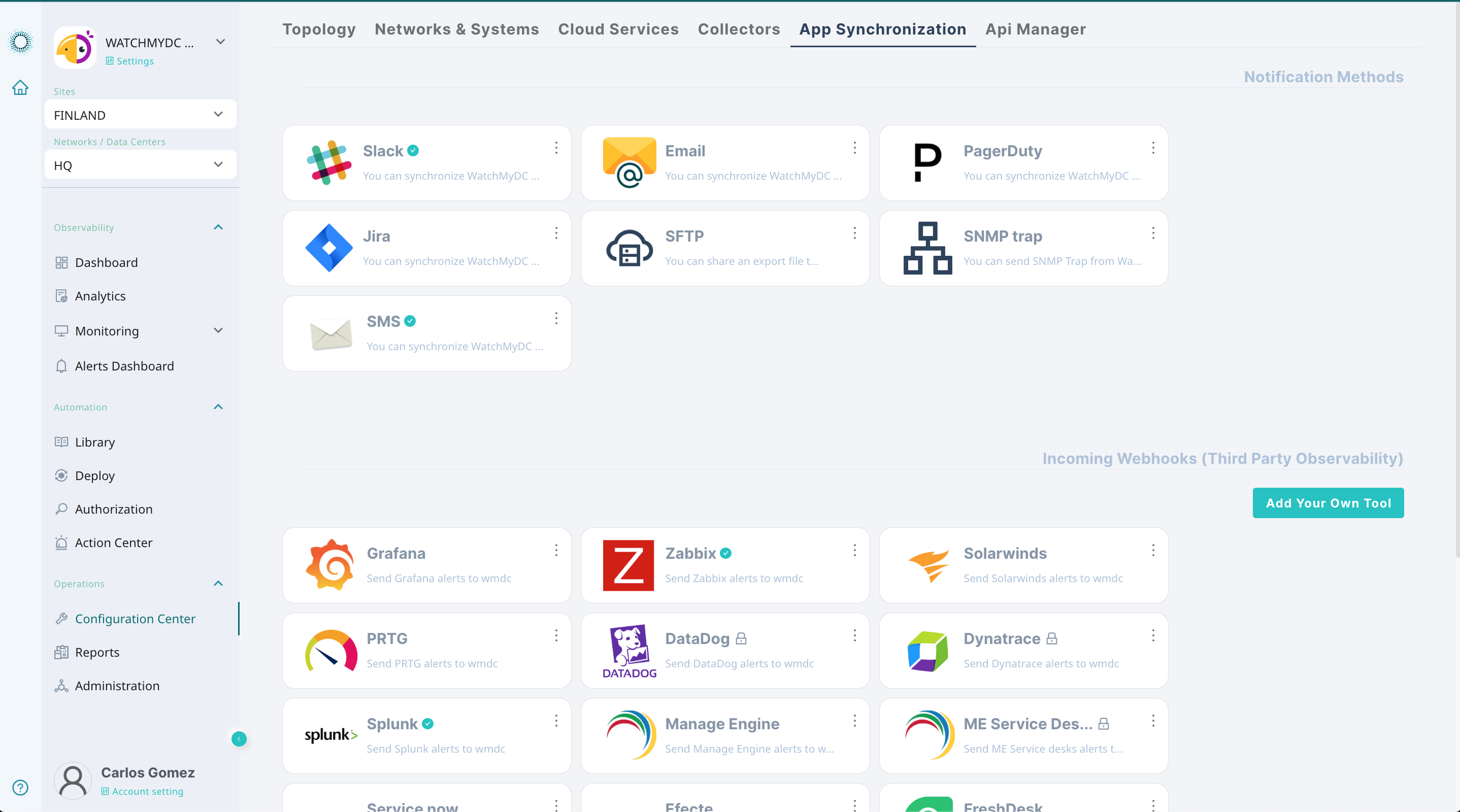 WatchMyDC Software - WatchMyDC Integration Hub. Customers can onboard their own IT tools and business applications. Thereafter the activity logs and events start forwarding to WatchMyDC through HTTP Post (Webhook) protocol.