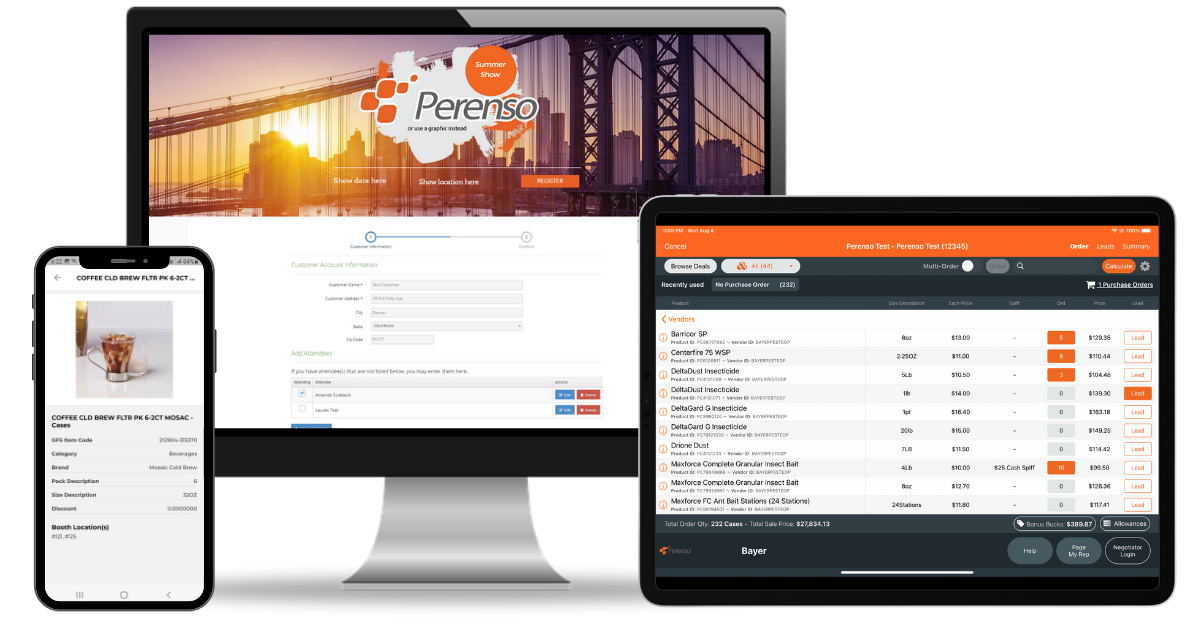 Perenso Trade Show Software - Perenso Trade Show provides efficient ordering capabilities for iPads and also has the option of ordering on a mobile event app with Perenso Event Explorer.