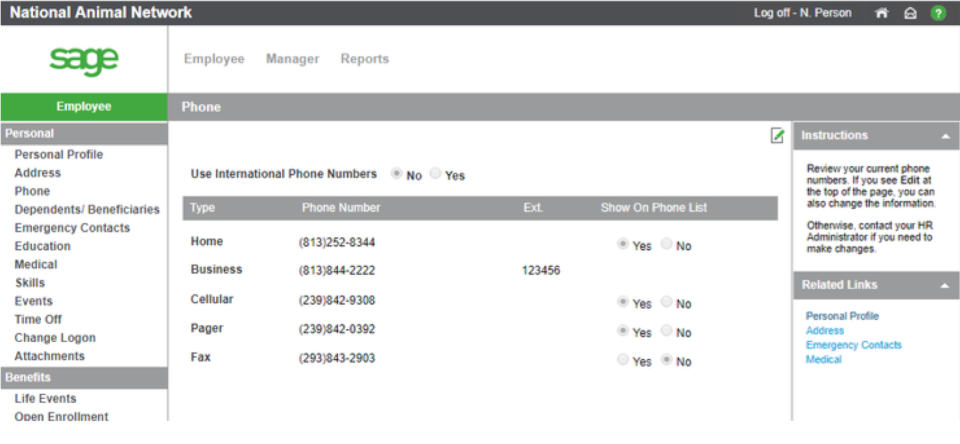 Sage HRMS screenshot: Employee portal